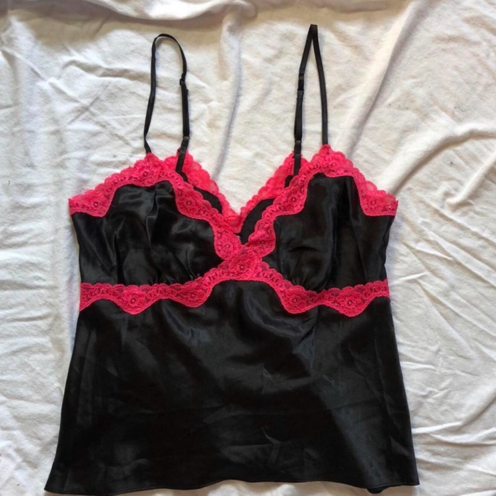 Black Satin Lace-Trim Cami Top with Pink Accents